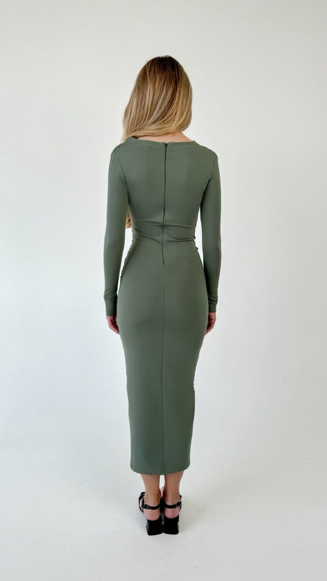 Draped Long Sleeve Midi Dress Olive Green