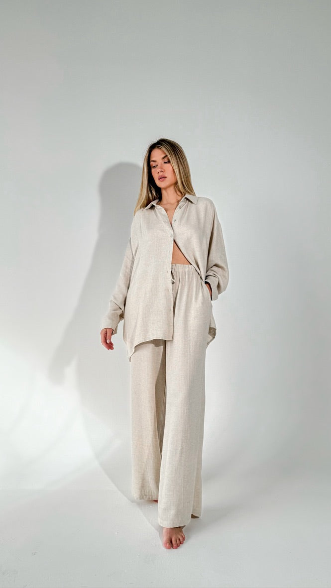 Oversized Linen Two Piece Wide Leg Pants Set