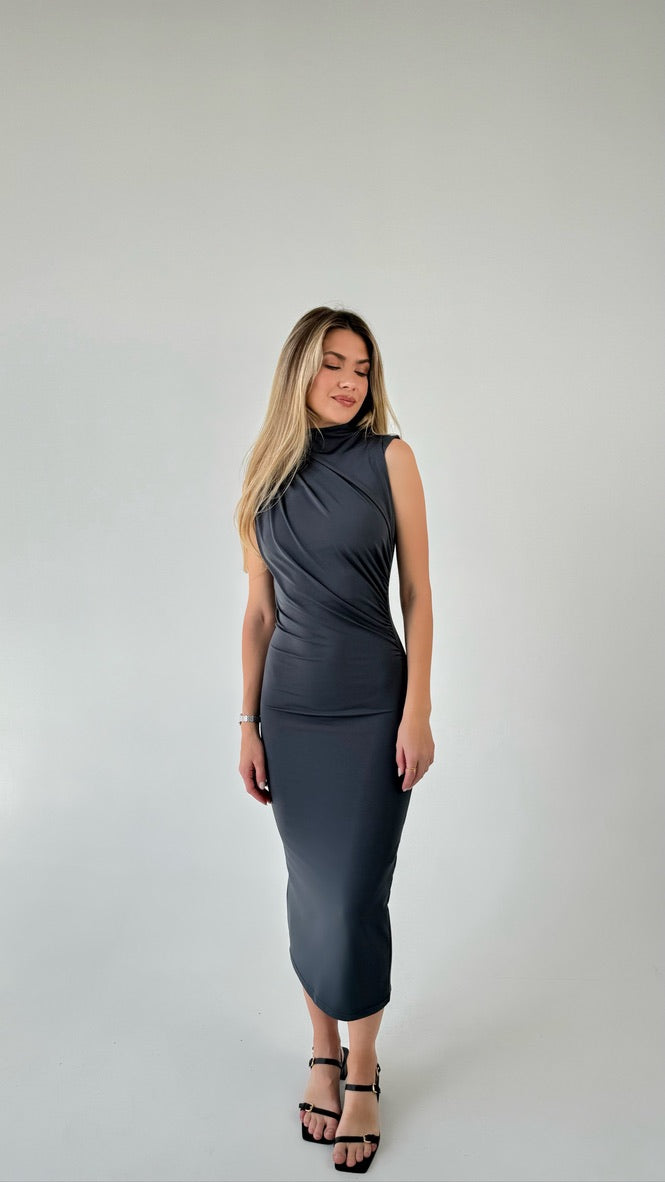 Draped Midi Dress Charcoal Grey