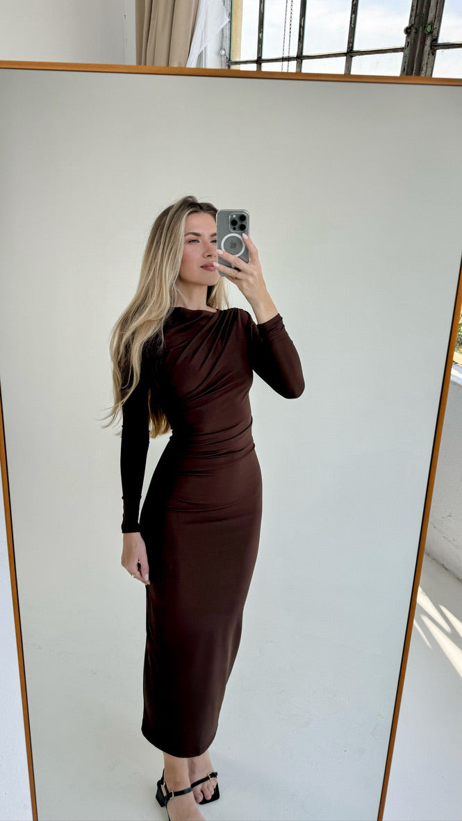 Draped Long Sleeve Midi Dress Chocolate Brown