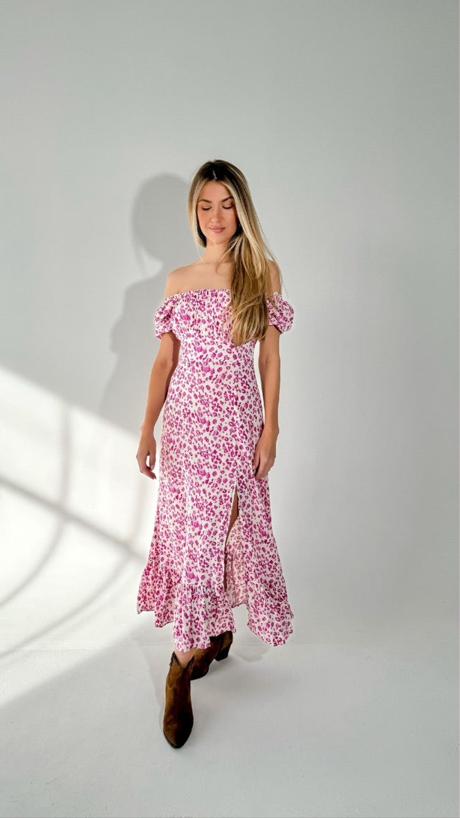 Floral Printed Split Maxi Dress Pink-White