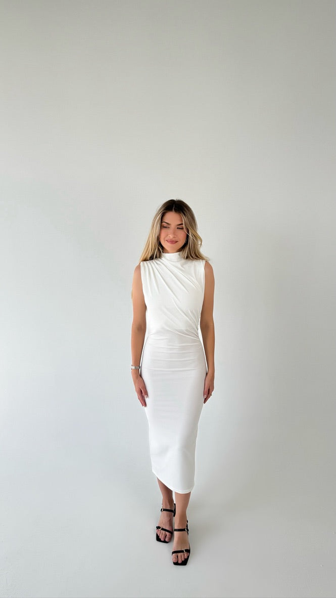 Draped Midi Dress White