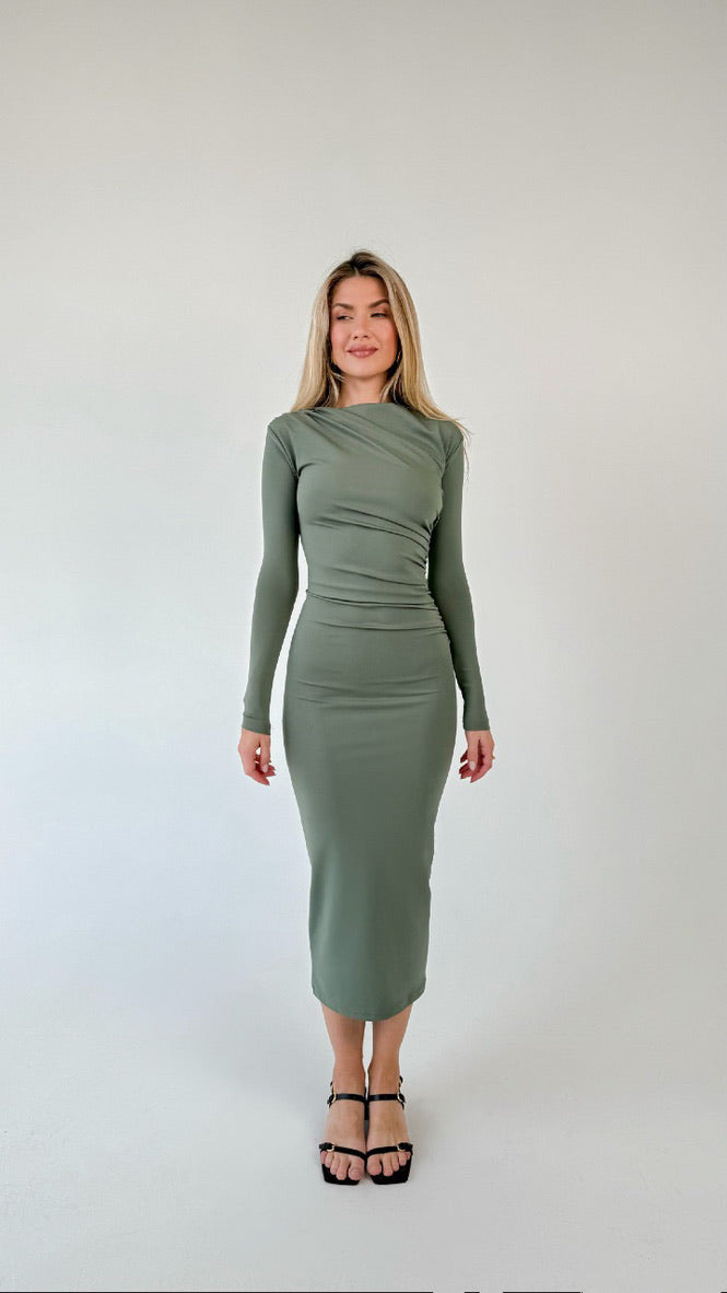 Draped Long Sleeve Midi Dress Olive Green