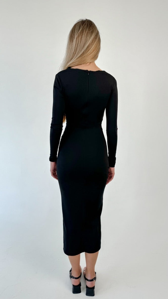 Draped Long Sleeve Midi Dress Black