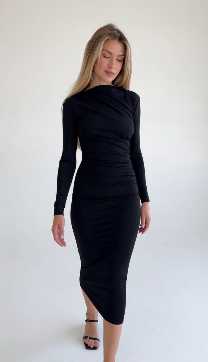 Draped Long Sleeve Midi Dress Black