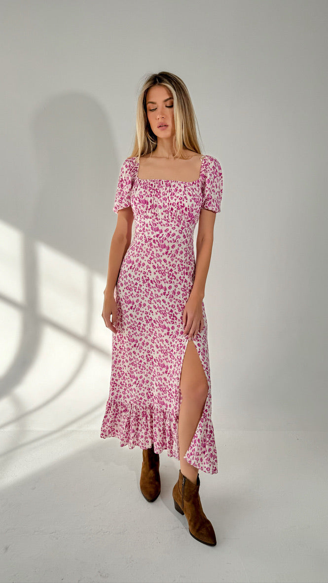 Floral Printed Split Maxi Dress Pink-White