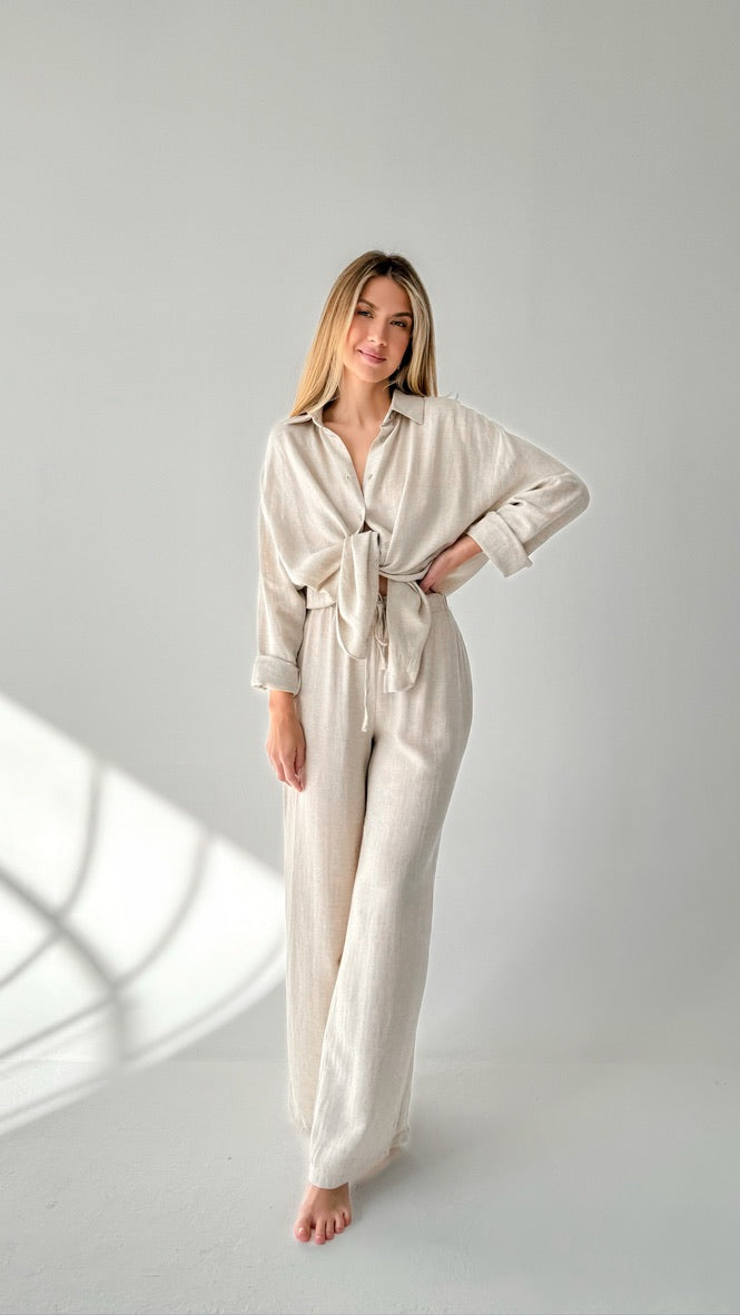 Oversized Linen Two Piece Wide Leg Pants Set