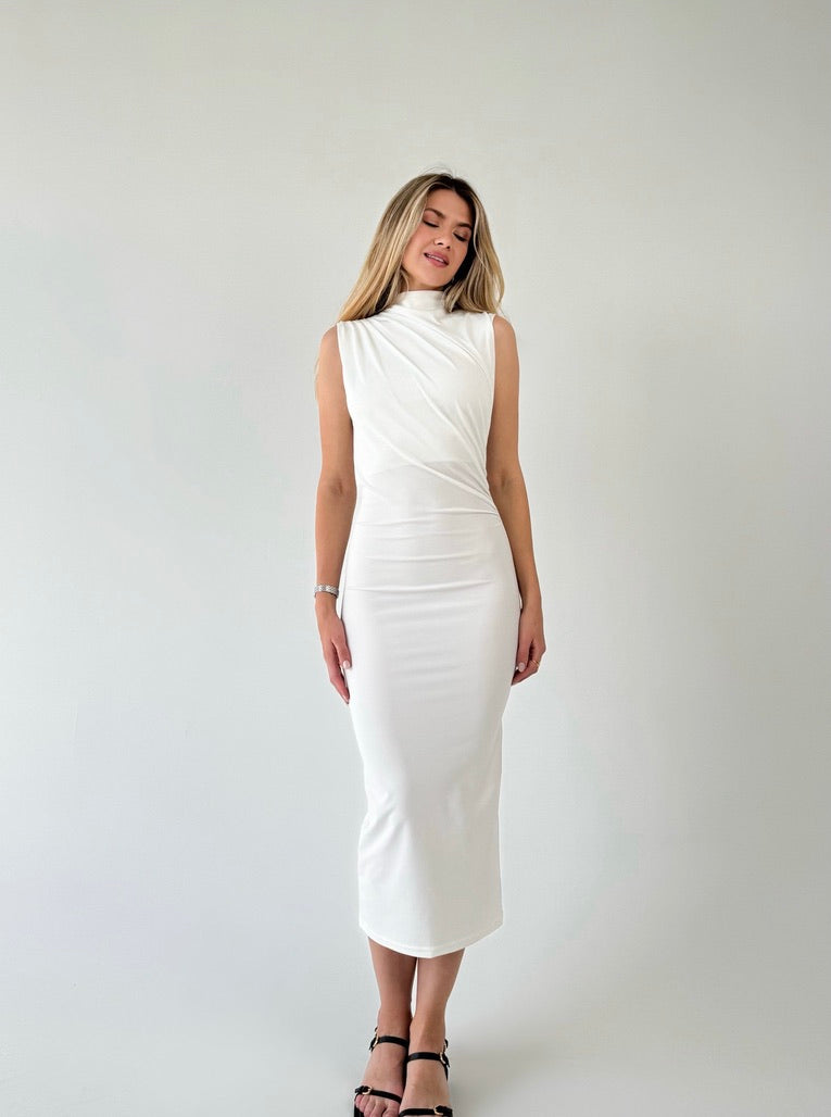 Draped Midi Dress White