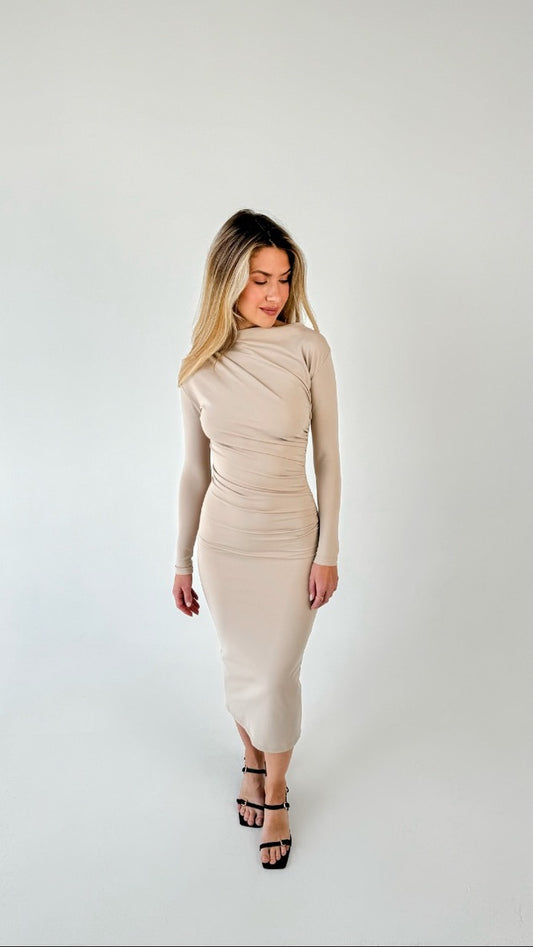 Draped Long Sleeve Midi Dress Light Beige