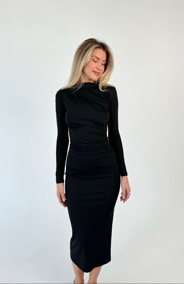 Draped Long Sleeve Midi Dress Black